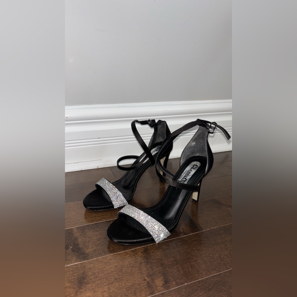 Classic Black Strappy Heels with Silver Accents